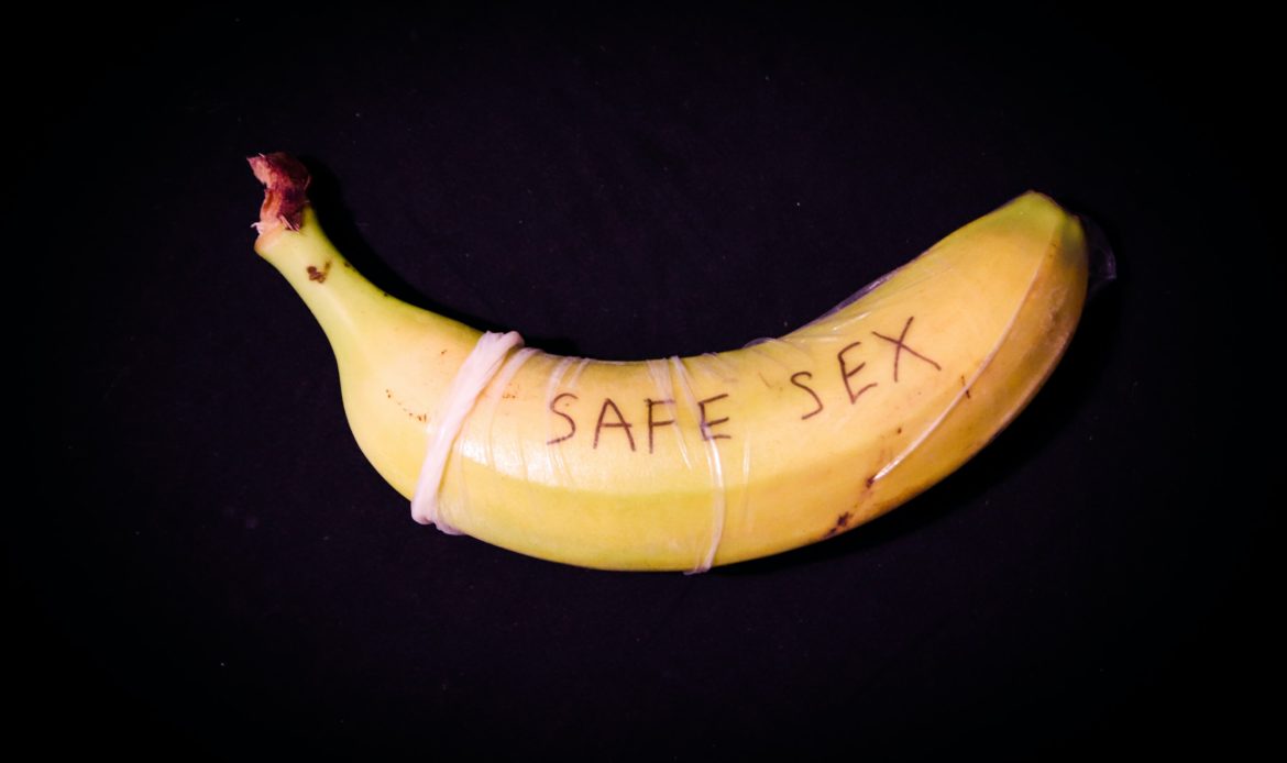 A banana with the words safe sex on it