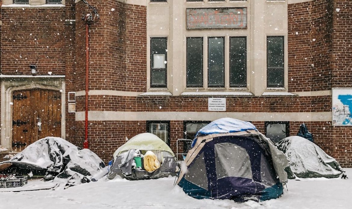 toronto shelter system; homeless tents outside in the winter